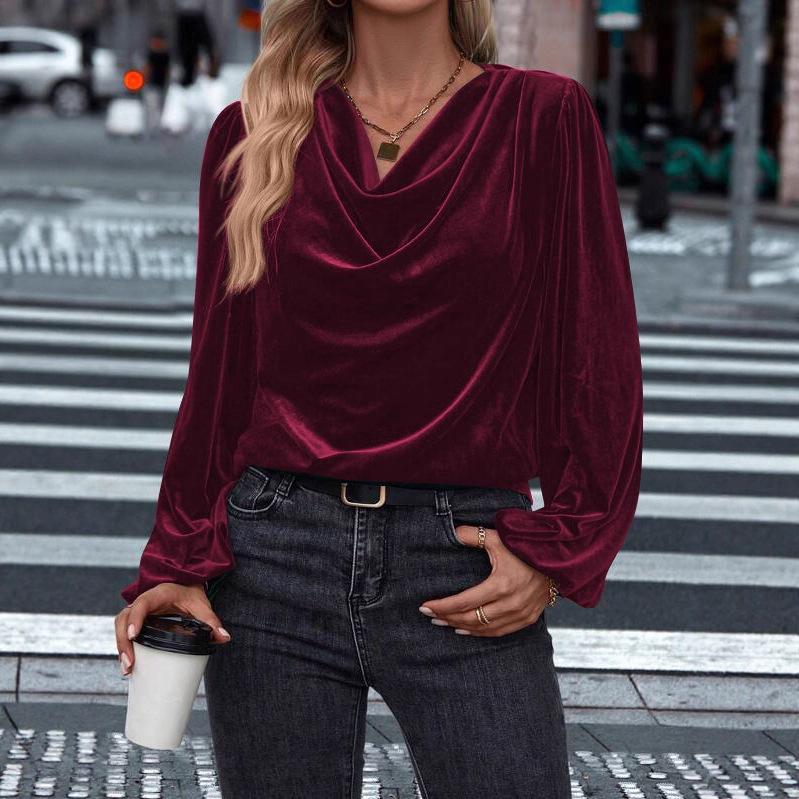 2026 Velvet High Neck Women's Long Sleeve Top - European, American, Korean Style for Spring/Autumn