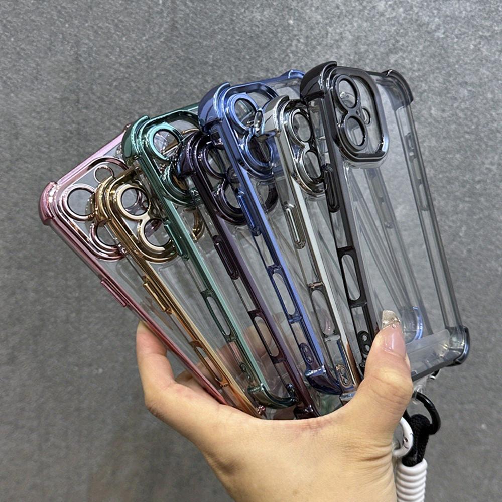 Luxury Plating Clear With Lanyard Phone Case For iPhone 17 16 15 14 13 12 11 Pro Max 16 Plus 17Air Shockproof Bumper Cases Cover