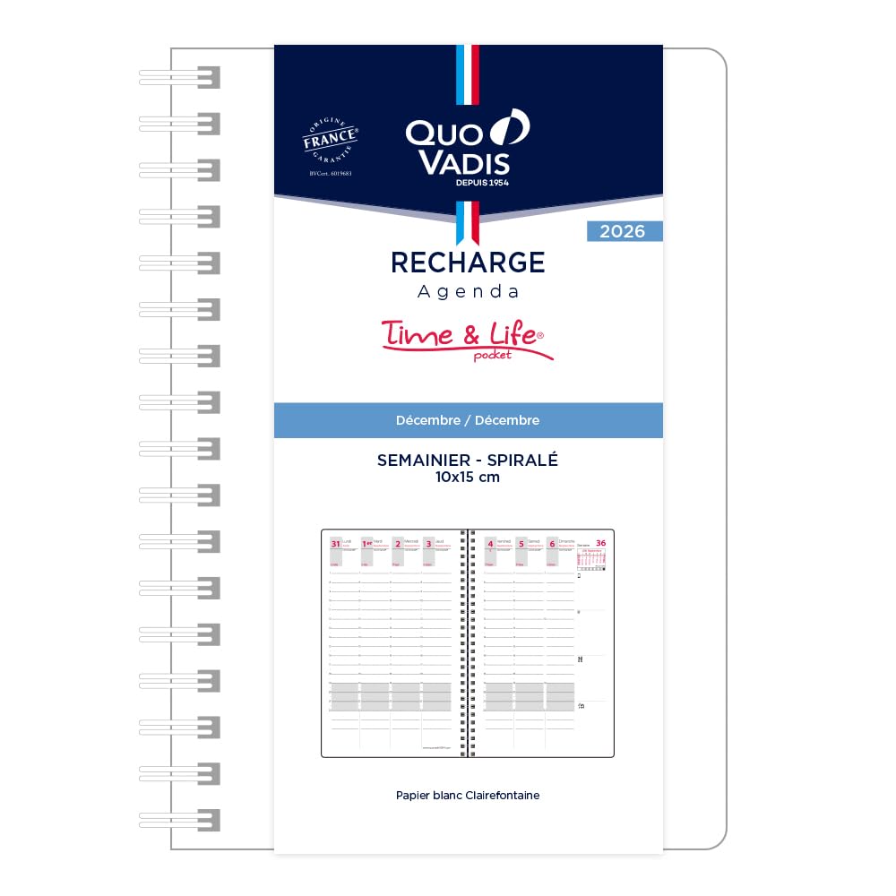 QUOVADIS 2026 Time & Life Refill 10x15 Vertical Weekly 2025 December Start A6 Hobo 10x15cm French qv539rech-fr