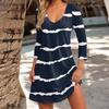 Women's Fashion Casual V-Neck Striped Plaid Print Pocket Three-quarter Sleeve Dress