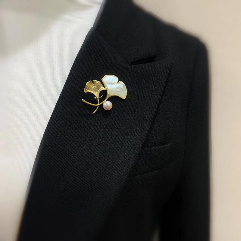 Elegant Gold-Plated Ginkgo Leaf & Natural Shell Brooch