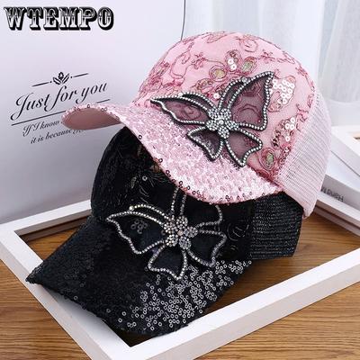 Women's Duck Tongue Hat with Rhinestone Butterfly Baseball Cap Women's Summer Breathable Sunshade Mesh Hat