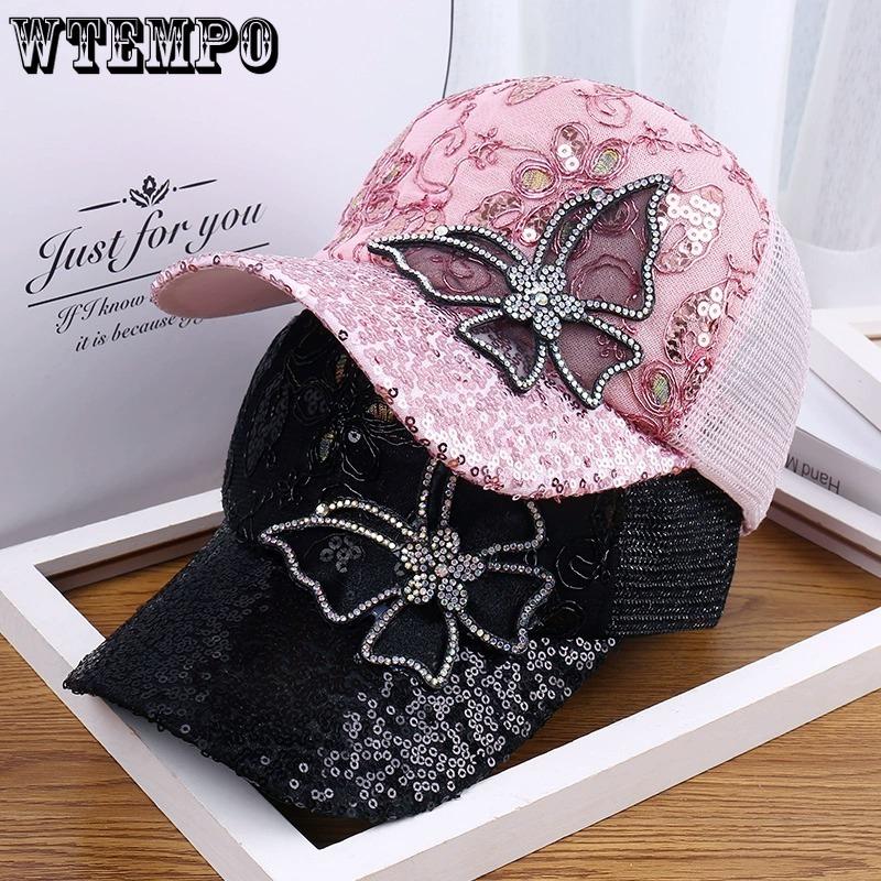 Women's Duck Tongue Hat with Rhinestone Butterfly Baseball Cap Women's Summer Breathable Sunshade Mesh Hat