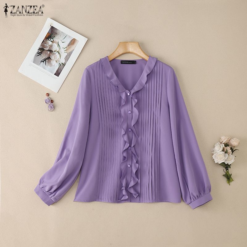 ZANZEA Blouse ample décontractée à manches longues et col en V à volants pour femmes