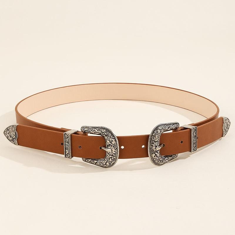 

New European and American vintage belt, versatile and fashionable, carved double buckle decoration, jeans belt for men and women 105cm хаки
