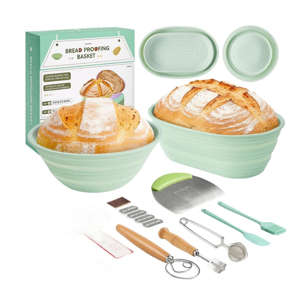 Collapsible Bread Proofing Basket Set with Dough Scraper and Baking Tools for Home Oven Use Includes Multiple Sizes for Artisan Bread Making