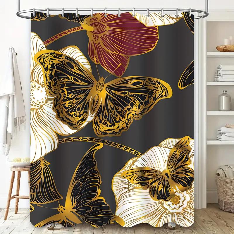 Vibrant Butterfly Floral Shower Curtain for Bathroom Decor Black Gold White Print, waterproof fabric with hooks