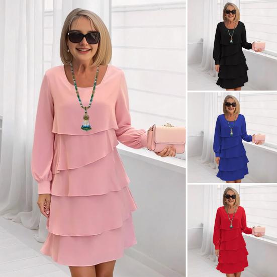 Women Dress Solid Color Multi Layered Cake Dress Round Neck Long Sleeve Mini Dress Vacation Club Wear