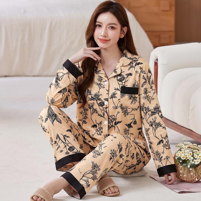 Fashion sweet printed pajamas women's spring and autumn imitation cotton long-sleeved loungewear large size comfortable mother suit