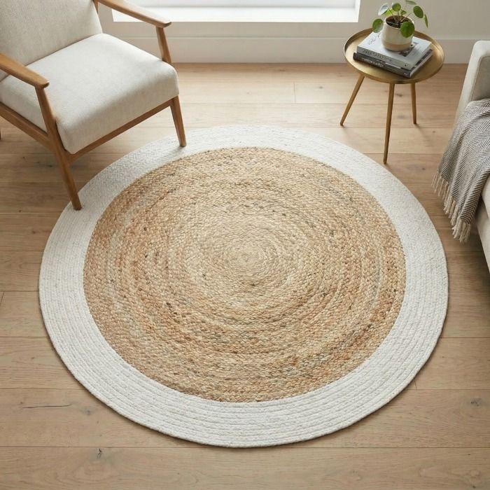 Tapis rond en jute et coton bande blanche diam.160