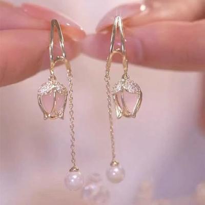 Exquisite Fashion Pink Tulip Flower Earrings Pearl Fringe Long Earrings Bridal Wedding Earrings Birthday Party Jewelry