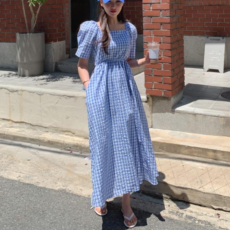 

Летнее платье миди в клетку с коротким рукавом и квадратным вырезом, с карманами, женские элегантные модные повседневные винтажные корейские женские платья
