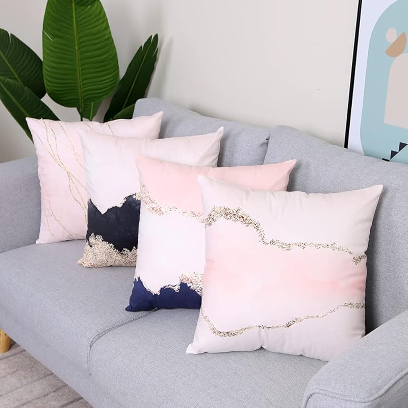 Printed Abstract Blush, Blue and Turquoise Color Decorative Throw Pillow Covers Only, Soft Velvet Accent Cushion Cases 45cm x 45cm (Blush & Blue
