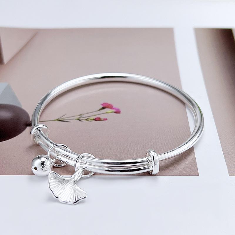 Zuyin 999.9 Smooth Round Stick Solid Ginkgo Leaf Youth Three Life Apricot Bracelet Valentine's Day Gift