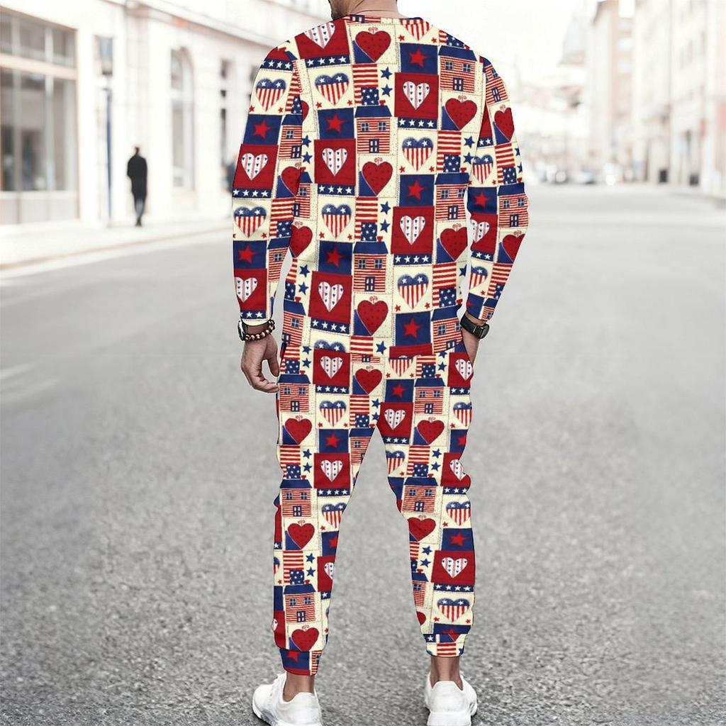 Men Vintage Star Stripe Print Long Sleeve Sweatshirt Drawstring Cuffed Jogger Pants Two Piece Streetwear Suit