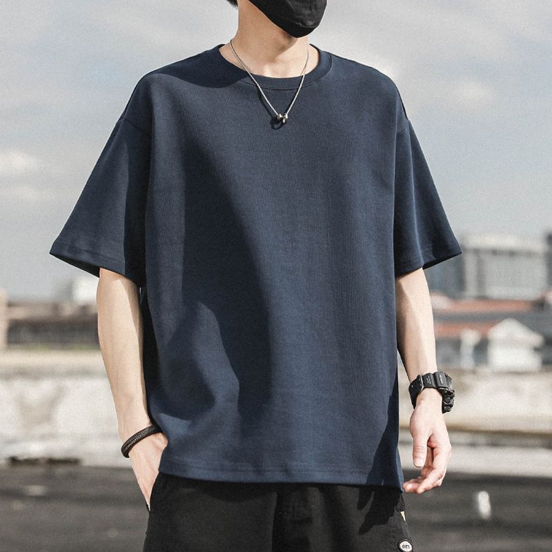 WTEMPO Brand Men's Solid Short Sleeve T-shirt Summer Loose Fashion Half Sleeve Top Breathable and Sweat-absorbing Round Neck Short Sleeve Pullovers