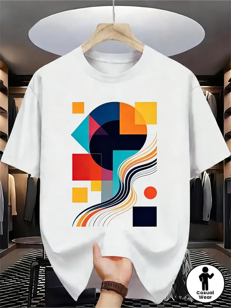 Vibrant Geometric Design With Colorf White Shortsleeve Crew Neck Summer Style Relaxed Fit Comfortable Wear Everyday Adventures