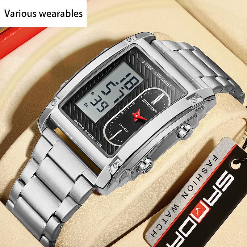 New Trend Double Display Watch Men's Business Waterproof Electronic Watch Light Luxury Quartz Steel Band Watch