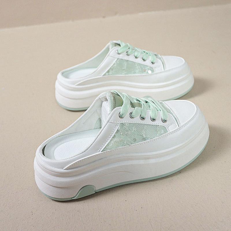 

Новая сетчатая дышащая сумка-чехол Xia, ленивые маленькие белые туфли на платформе, увеличивающие рост и стройнящие, розовая вышивка, полушлепанцы без задника 40 светло-зеленый