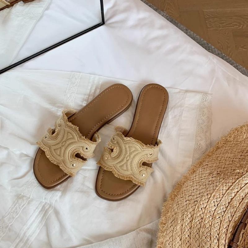 

Spot version~ Summer soft leather denim one-word slippers women wear French small cool slippers super soft flat half slippers 40 абрикосовый