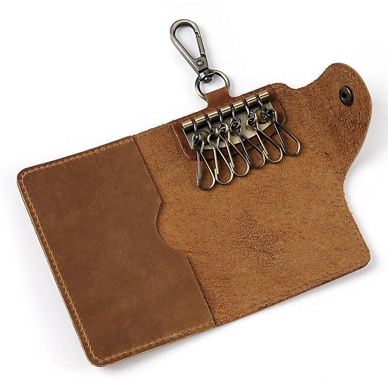 Crazy Horse Leather Key Bag Men's Multi Functional Waist Hanging Keys Cards Cover
