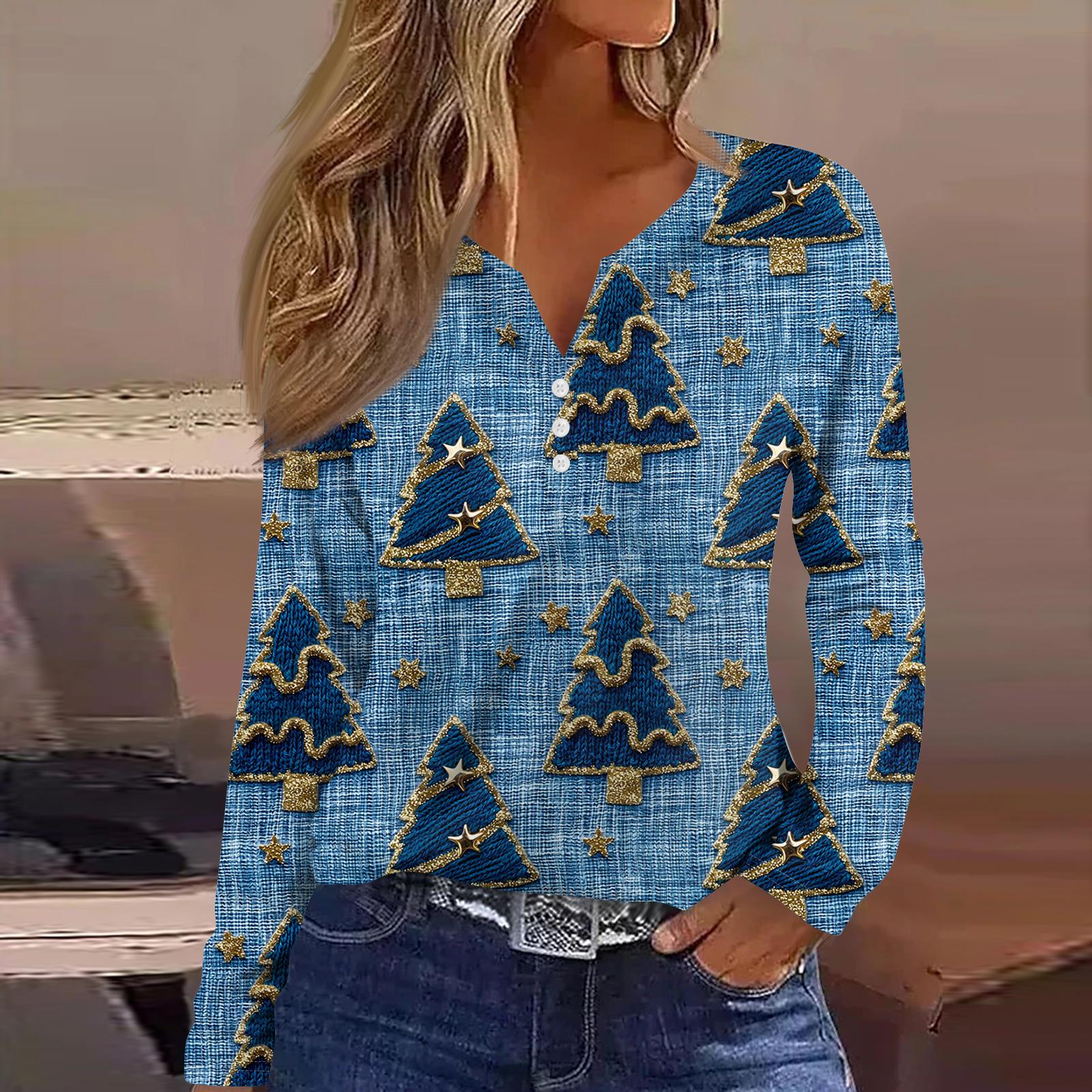 

Women s Fashion Casual V-Neck Button-Up Long-Sleeve T-Shirt With Christmas Print Top XXXL синий