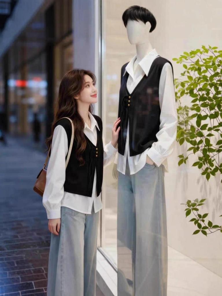 Women's Plus Size French Style Tummy Concealing Two-Piece Long Sleeve Vest Shirt