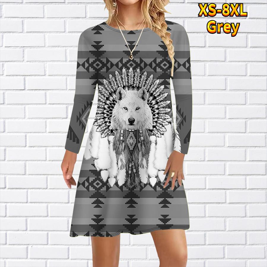 Lässiges Kleid für Damen mit Wolfsstamm-Print, Kleider für Damen, O-Ausschnitt, kurzärmelig, Übergröße