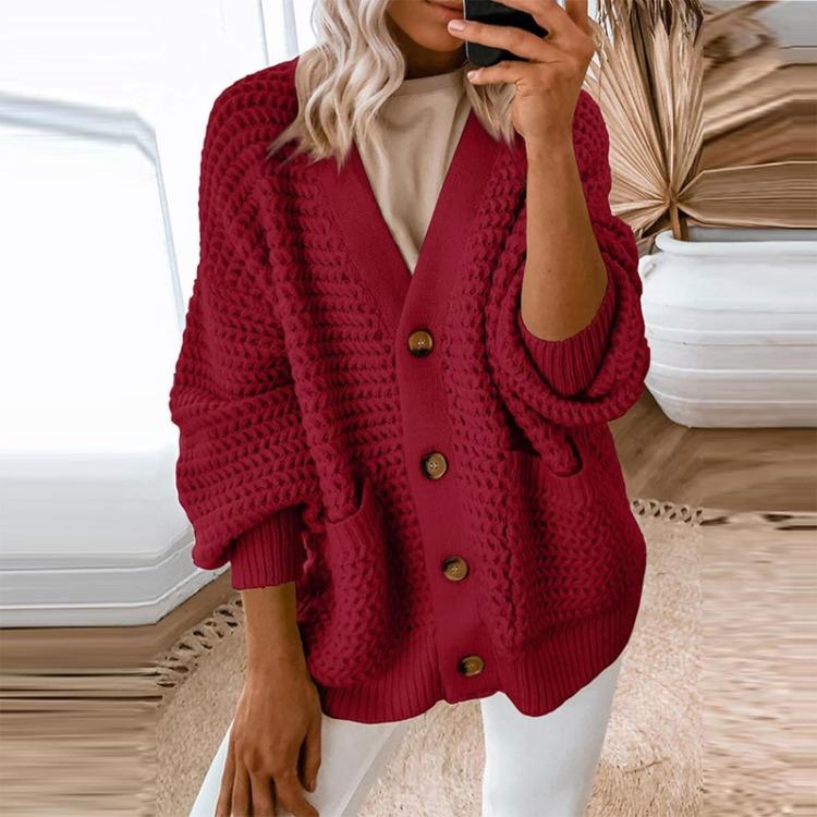 Damski sweter kardigan z grubej dzianiny na co dzień z długim rękawem zapinany z przodu jednolity kolor moda