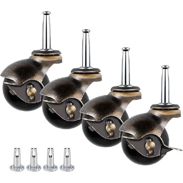 Enenes Ball Caster Wheels Set, 4 PCS Stem Caster, 2 Inch Swivel Caster Replacement with 4 Stem Sockets Antique Brass Castors (Stem Caster with Lock) Stem Caster With Lock
