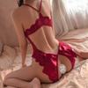 Sexy Black Crotchless Lingerie Lace Hollow Bodysuit Erotic Pajamas Babydoll Dress Deep V Open Bra Set