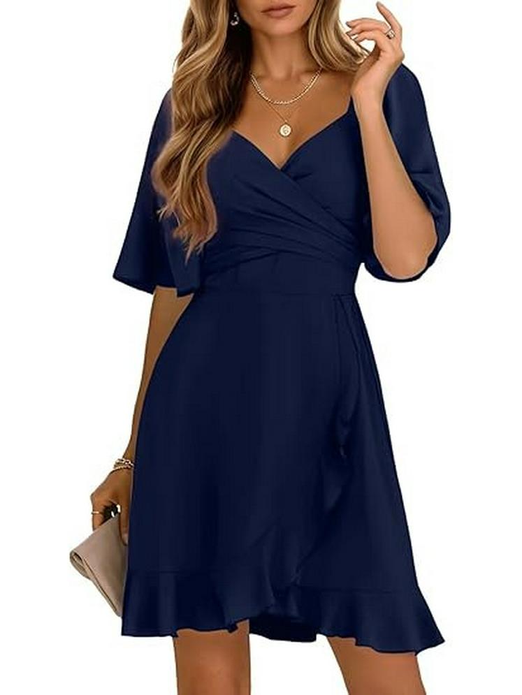 2026 V-Neck Solid Color Ruffle Summer Dress for Women - Stylish Waist-cinching European and American Fashion