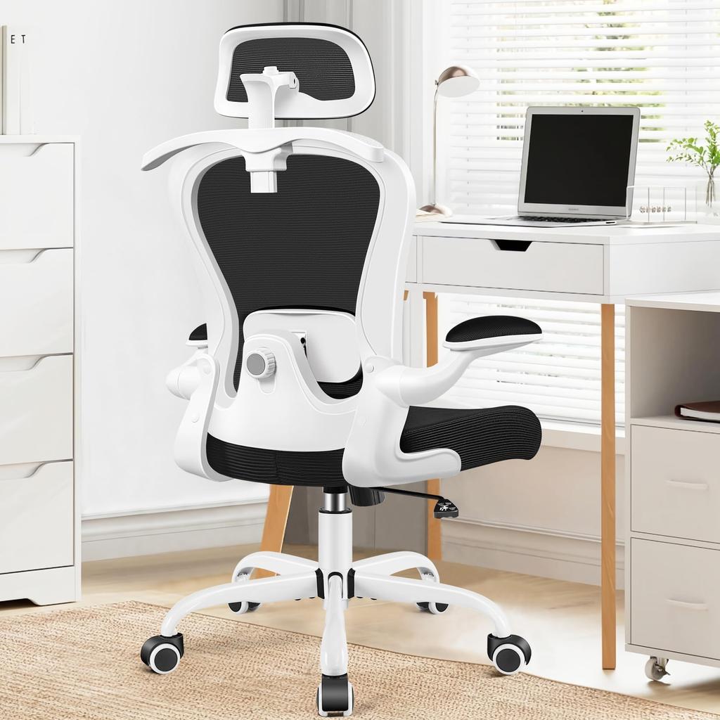 Scaun de birou Primy cu suport lombar din plasă, rotativ 360 de grade, mobil pentru birou, lucru de acasă de pe scaun alb, telemuncă, cu suport pentru haine fără șifonare, studiu, ergonomic, cu rotile,