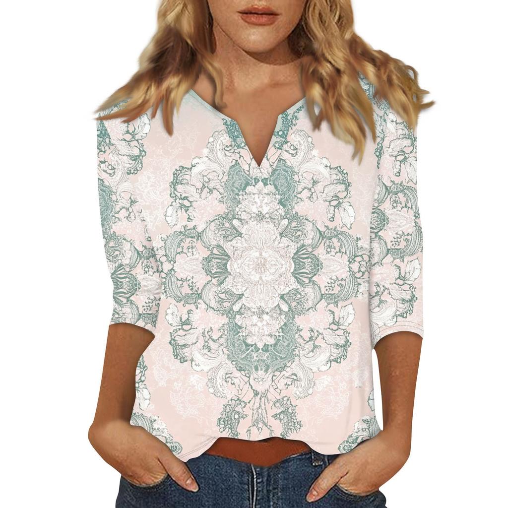 Women's Stand Collar 3/4 Sleeve Printed Top T-shirt