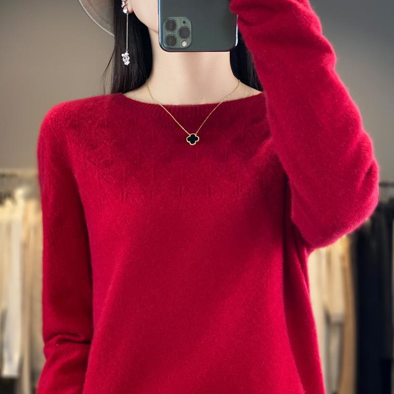 Women's Round Neck Sweater, Qinghe Cashmere, 30% Cashmere 70% Wool, Hollow Winter Knitted Pullover Autumn Sweater Cashmere Sweater