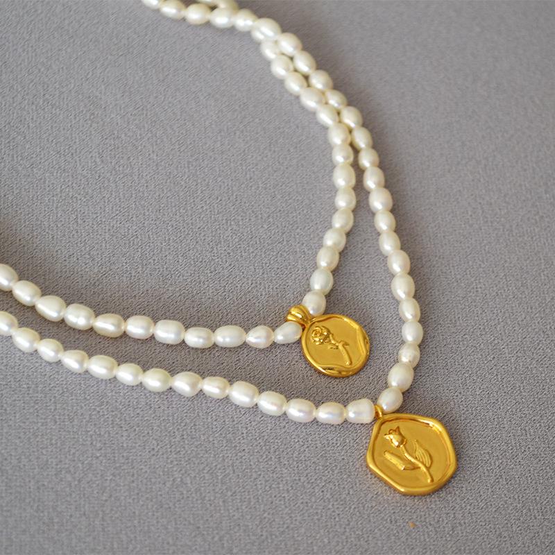 

Retro Rose Tulip Gold Coin & Freshwater Pearl Necklace for Women