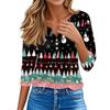 Women's Casual Christmas Print V-Neck 3/4 Sleeve Button T-Shirt