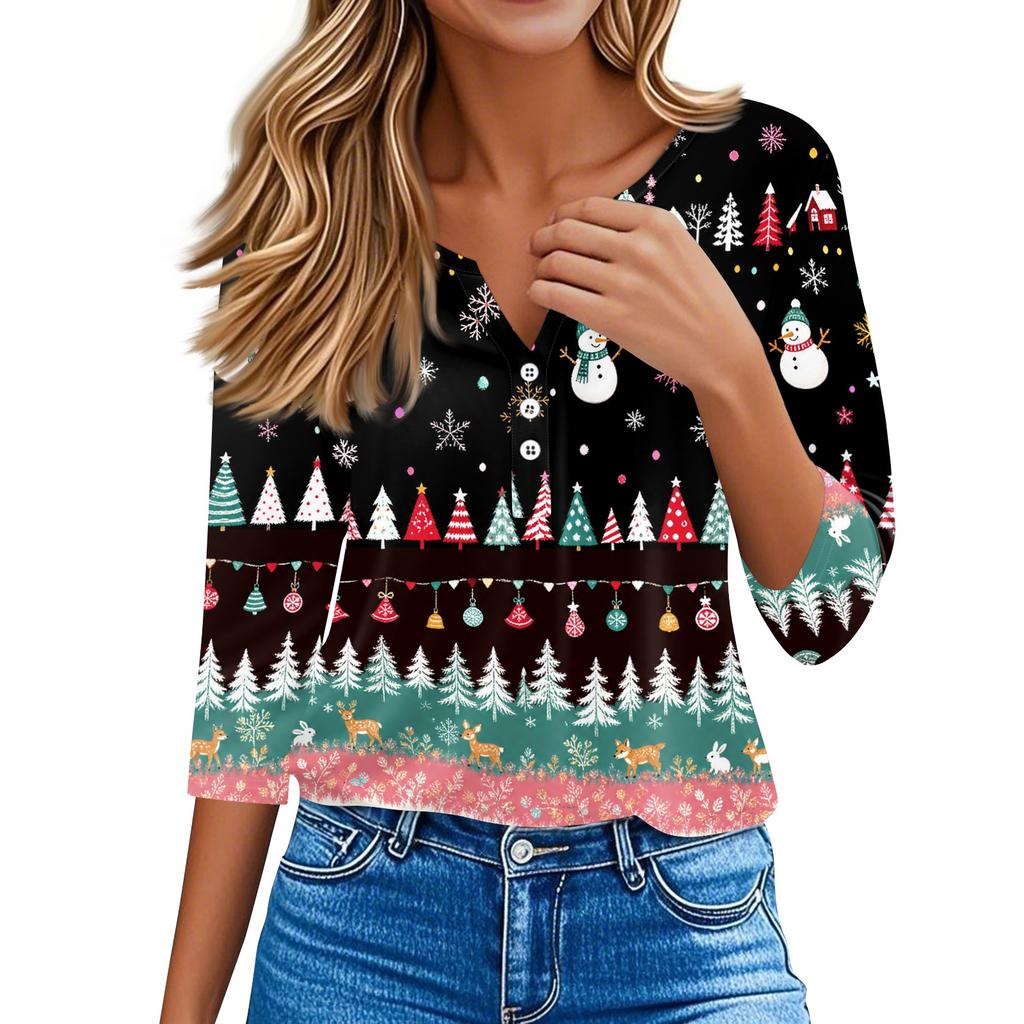 Women's Casual Christmas Print V-Neck 3/4 Sleeve Button T-Shirt