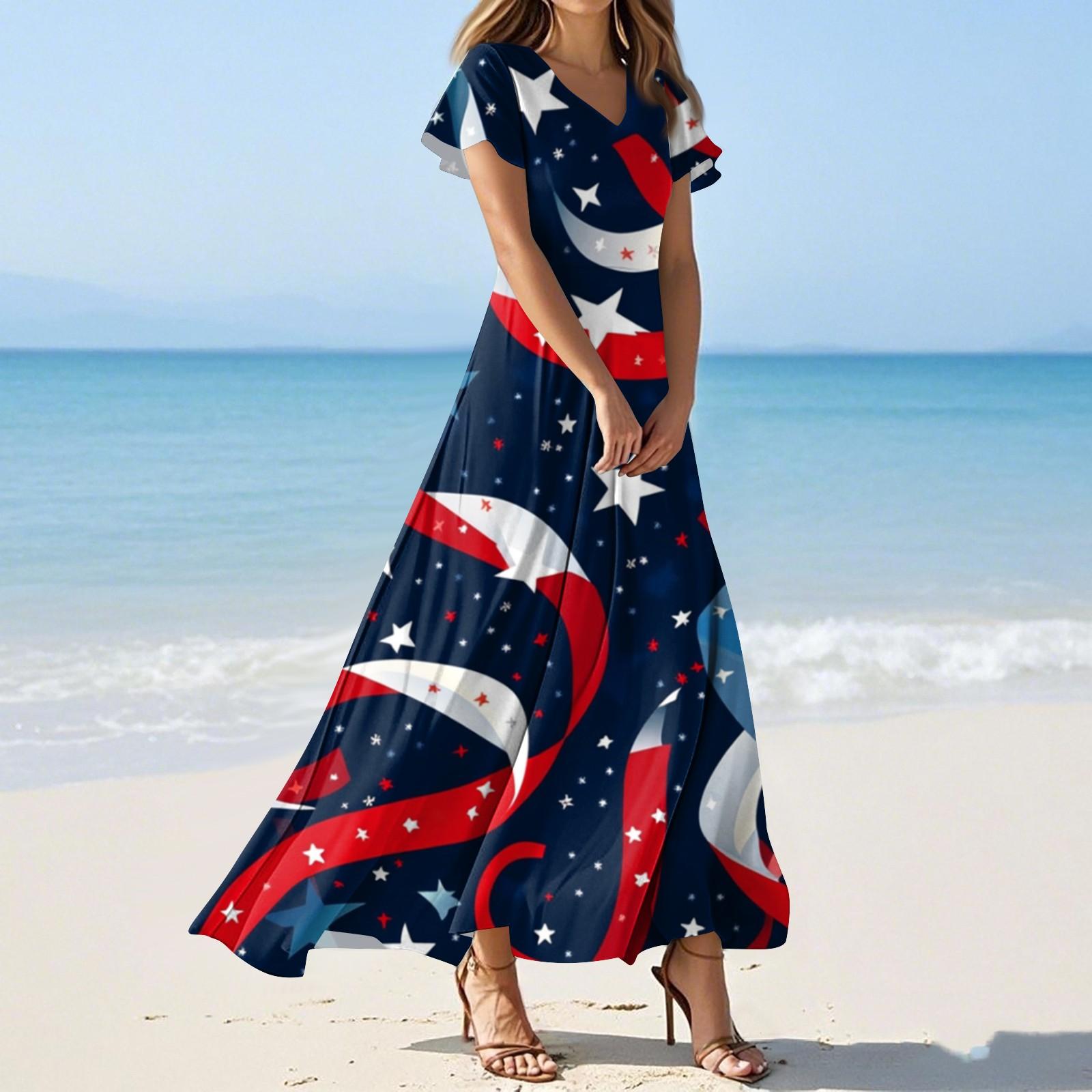 

Women s Summer Casual Fashion Independence Day Printed Dresses V-Neck Short Sleeve Dresses XXL Темно-синій