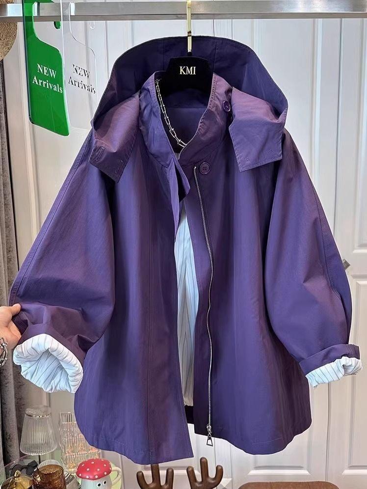 

Женская куртка больших размеров с длинным рукавом, весенне-осенняя, повседневная, свободная, с капюшоном, ветровка на молнии, пальто оверсайз XXXL фиолетовый