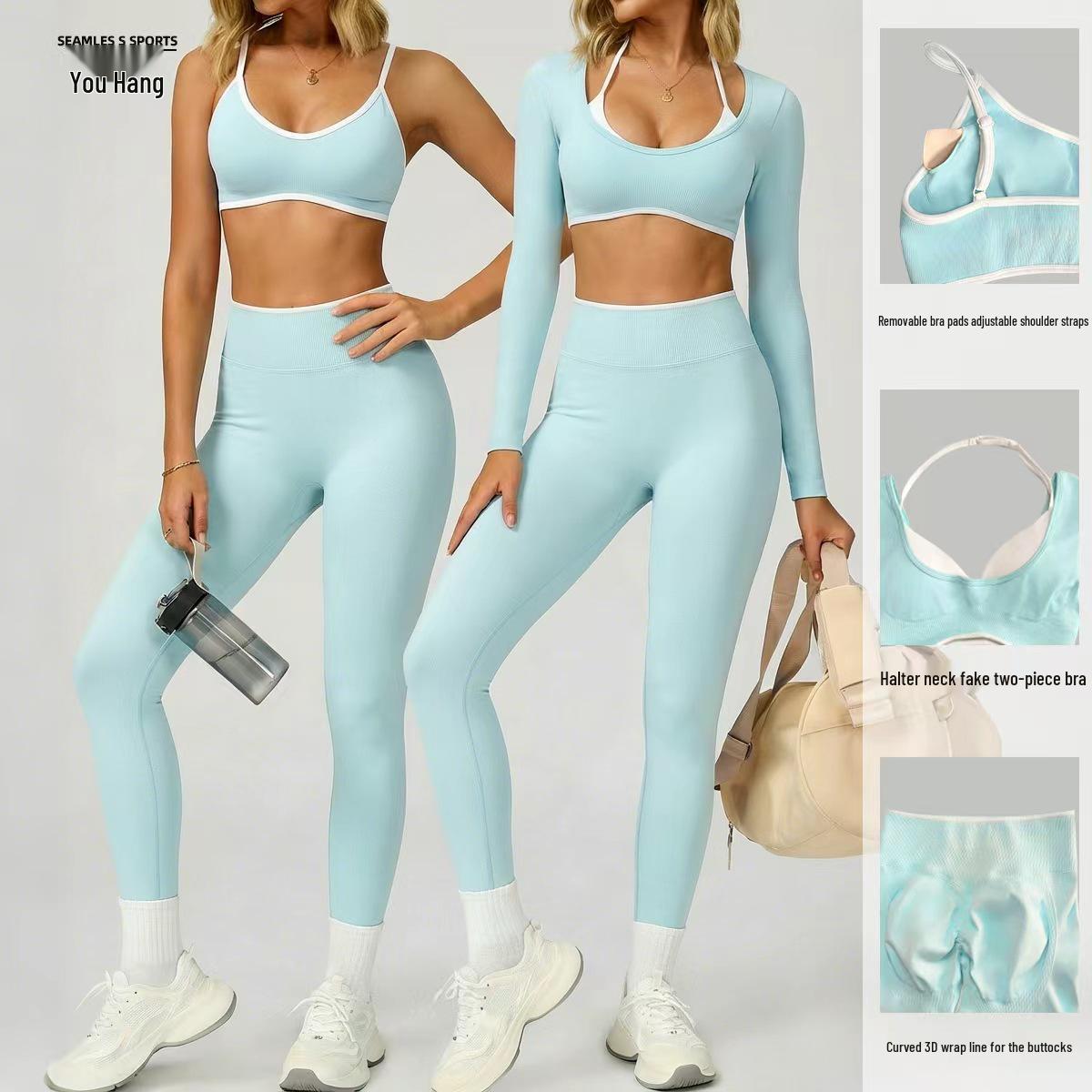

Sky Blue Tummy Control High-Stretch Yoga Pants with Butt Lifting & Removable Straps Bra Long Sleeve Crop Top Medium