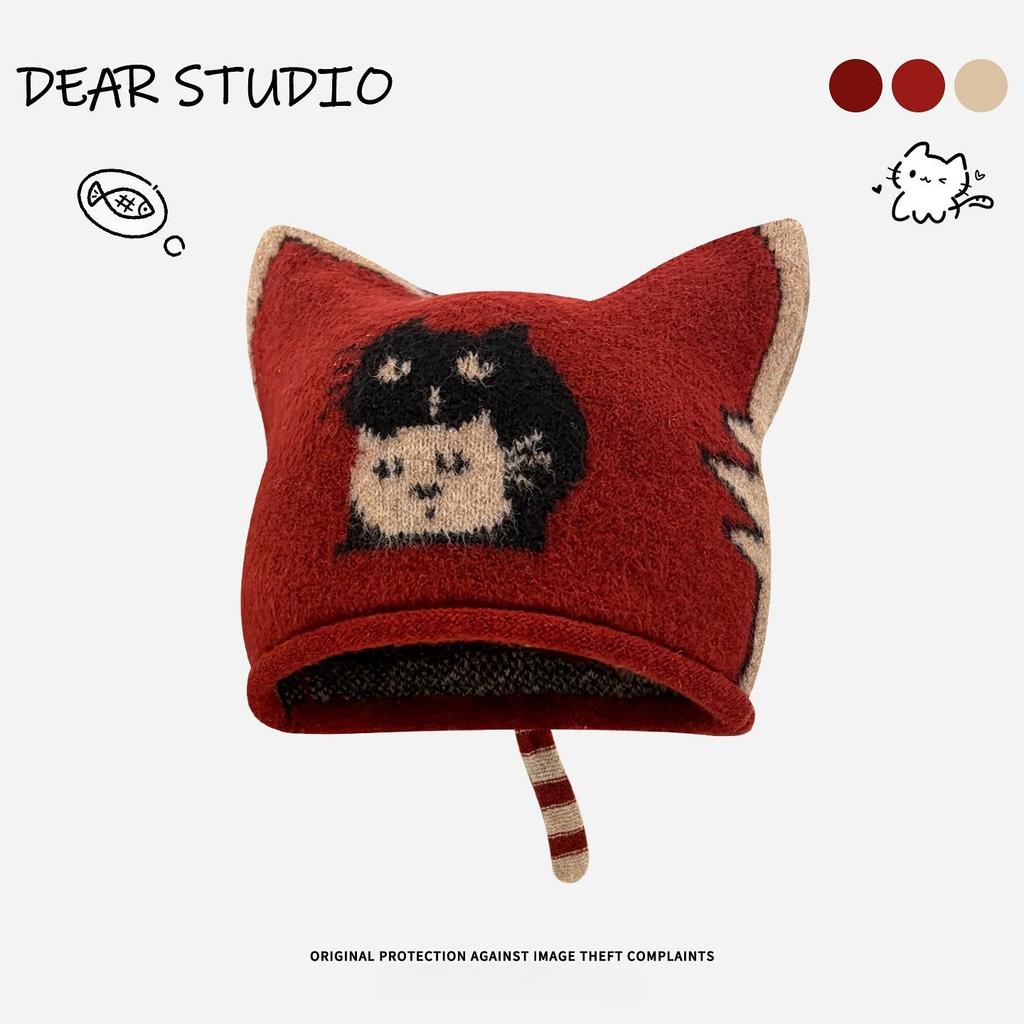 Korean retro jacquard gray cat knitted hat women's autumn and winter 2025 new face small wool hat bag head hat