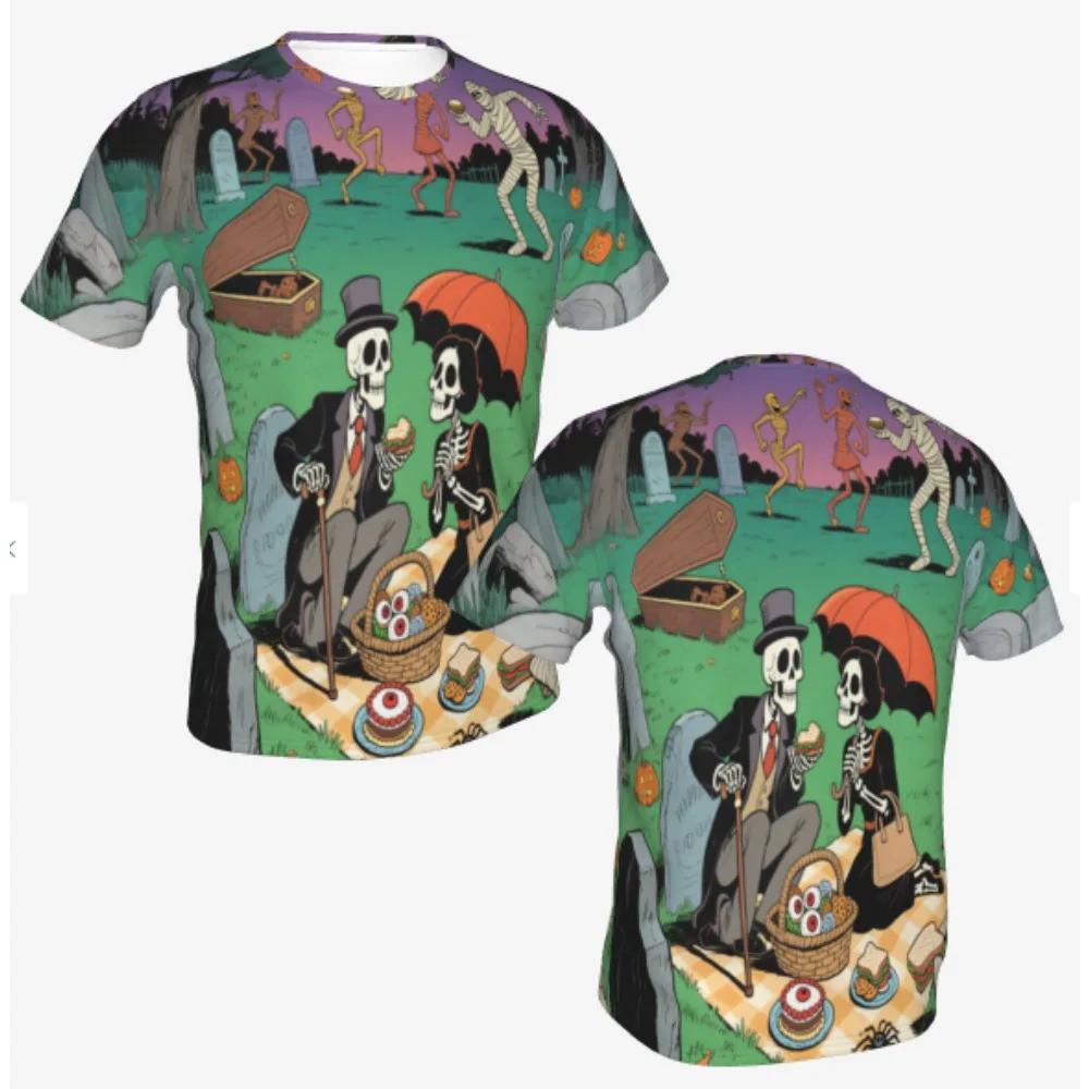 

Halloween themed T-shirt, men s and women s styles, 3D printed skull dining scene pattern top 6XL