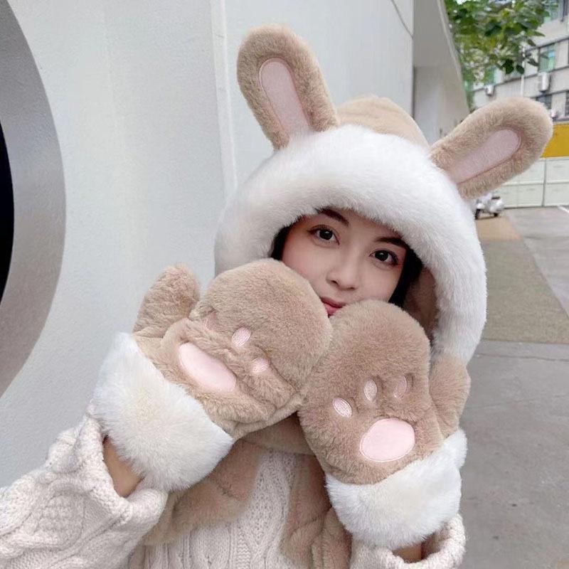 Three-piece hat set for women, autumn and winter, with fleece lining, thickened, integrated scarf and gloves, plush, warm, Korean style, ear