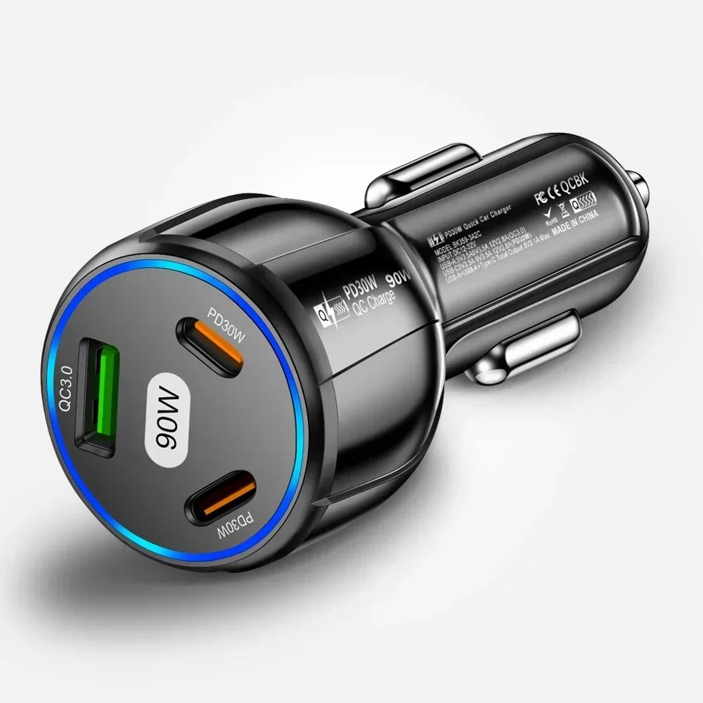 90W Car Charger PD QC3.0 USB Type-C Fast Charging Car Phone Adapter In Car for iPhone 14 15 Pro/Max Samsung Huawei Xiaomi