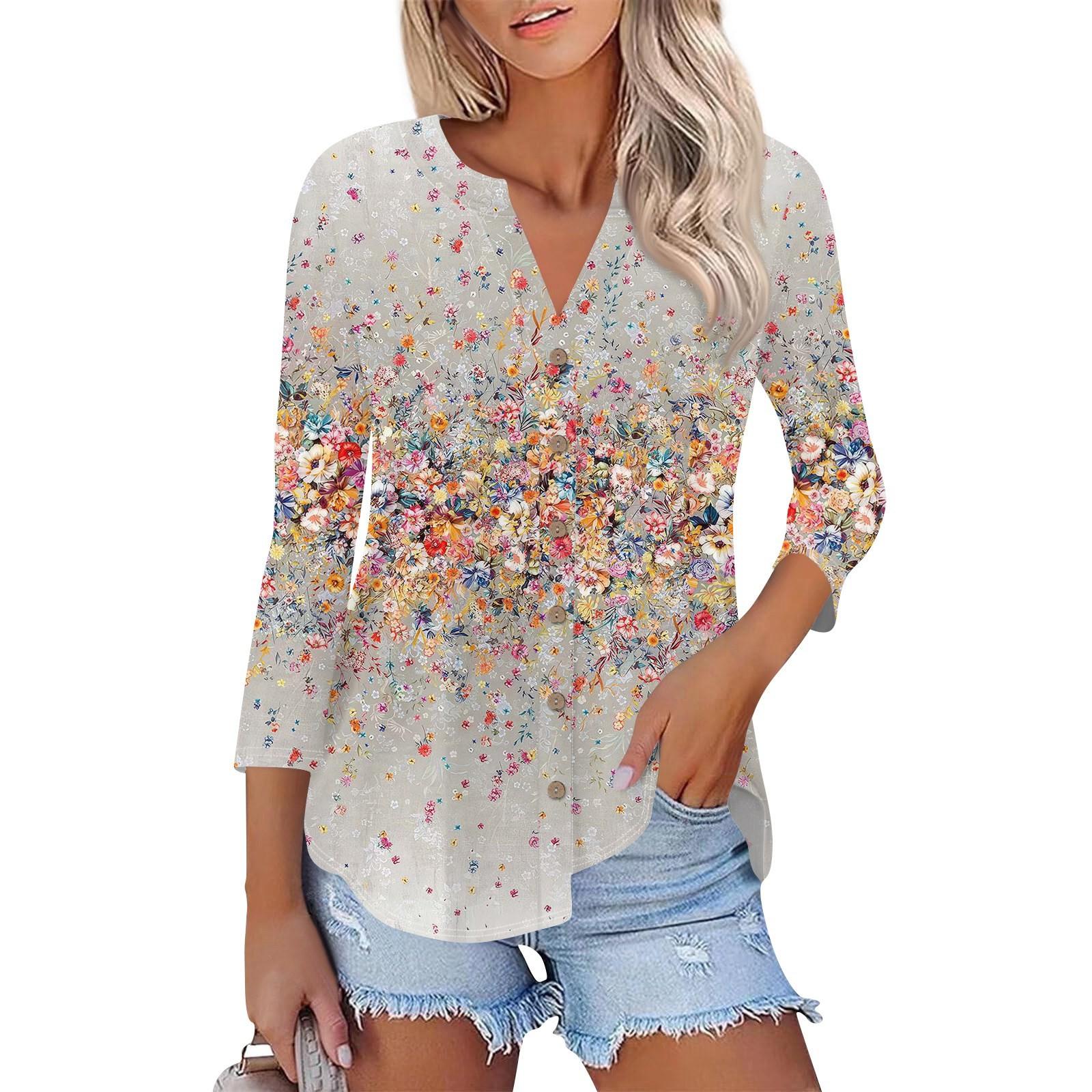

Women s Button Down Cardigan T Shirts 3/4 Sleeve V Neck Tees Casual Fashion Printed T-shirt Tops XL