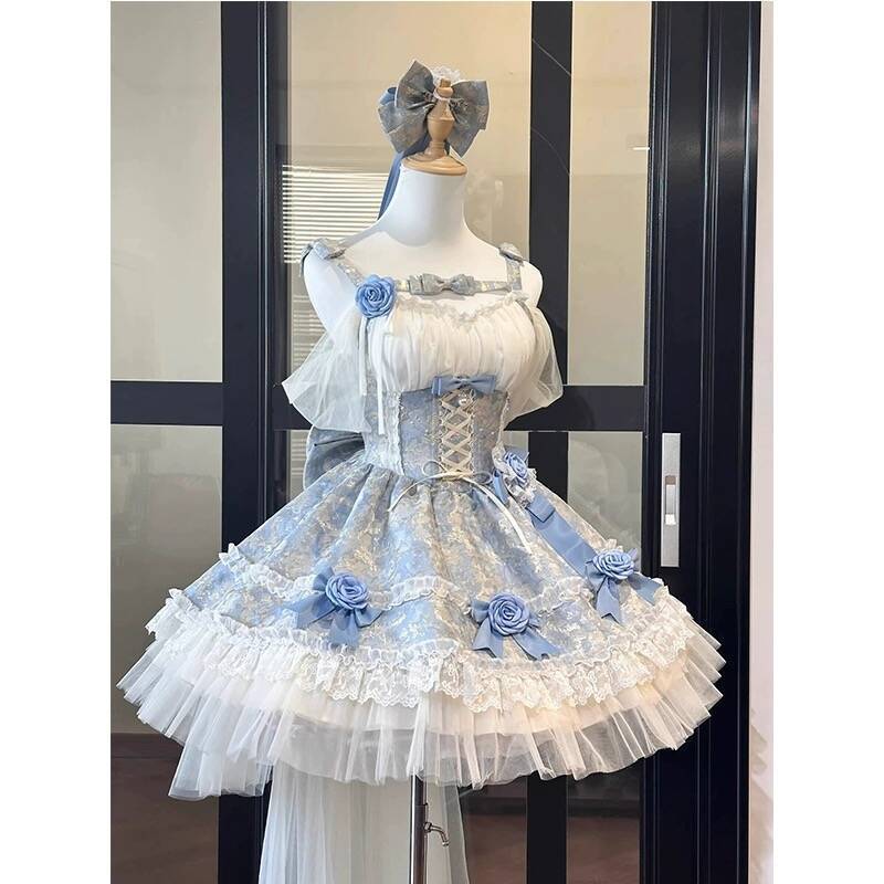 

Летнее платье в японском стиле каваи лолита для женщин, для вечеринок, винтажное, милое, с кружевом и бантом, платья-торты на дни рождения, Харадзюку Y2k, бандажное платье XXS синий