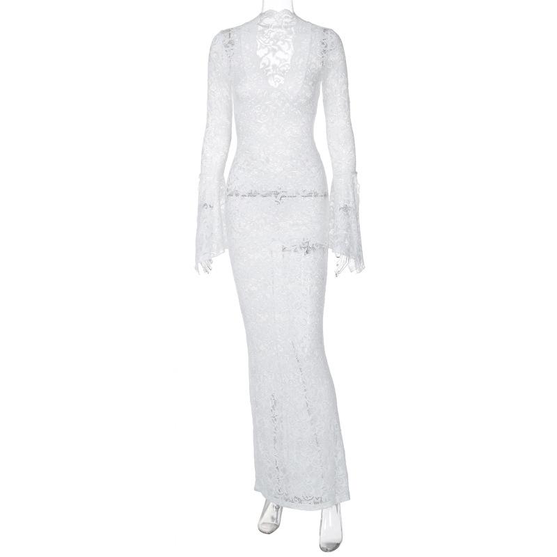 Heißverkauf Sexy Spitze Tiefes V-Ausschnitt Langes Ärmel Schlanke Passform Street Style Kleid
