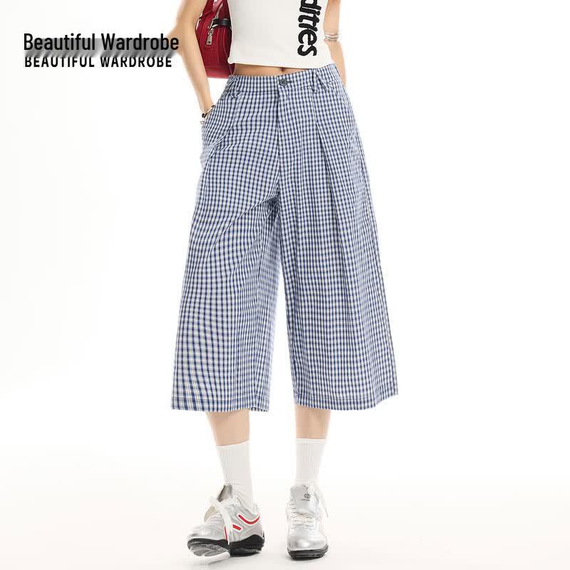 BEAUTIFUL WARDROBE Women s High-Waist Plaid Cropped Pants M