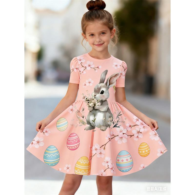 Girls' 3D Rabbit Print Summer Short Sleeve Dress | Crew Neck, A-Line Skirt, Perfect for Beach Outings and Casual Wear
